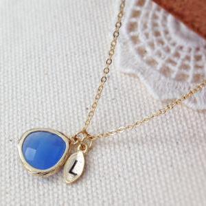 Blue Opal Stone Necklace With Initi..