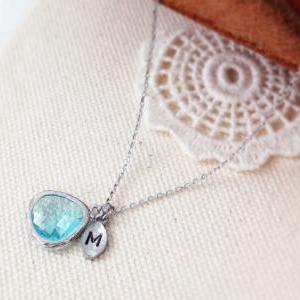 Aquamarine Stone Necklace With Init..