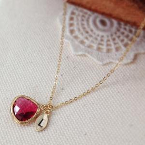 Ruby Stone Necklace With Initial Le..