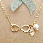 Infinity Necklace with Leaf Initial Charm, Personalized initial necklace, best friend necklace, initial jewelry, Swarovski Pearl