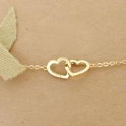 Double Heart Bracelet in Gold, everyday jewelry, delicate minimal jewelry
