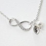 Silver Infinity Bracelet, Initial Bracelet, with Swarovski Pearl, Bridesmaid Gift, Friendship Jewelry, Elegant Bracelet,Personalized