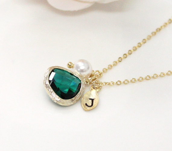 Emerald Stone Bridesmaid Necklace, with Swarovski pearl, Dark Green, Initial Necklace, Bridesmaid Gift, Personalized Necklace, Maid of Honor