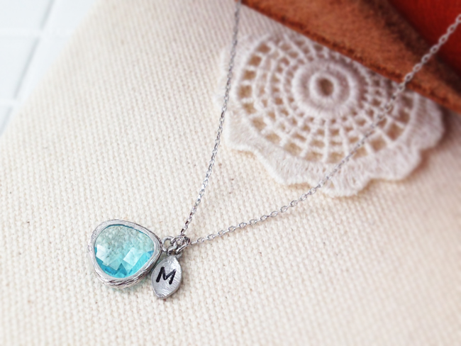 Aquamarine Stone Necklace With Initial Leaf Charm