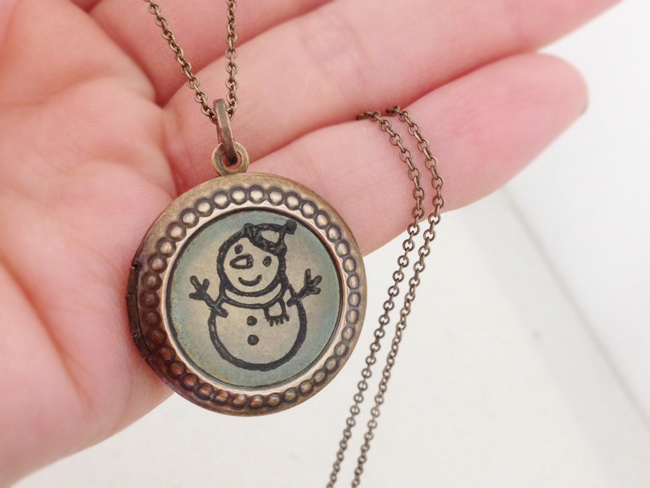 Vintage Locket Necklace, Snowman Necklace, Stamped Art, Christmas Gift, Funny Necklace