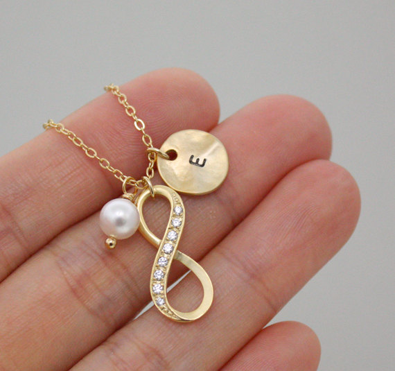 Infinity necklace, Personalized initial gold disc necklace, best friend necklace, coin, initial jewelry, Swarovski Pearl