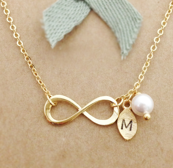 Infinity Necklace with Leaf Initial Charm, Personalized initial necklace, best friend necklace, initial jewelry, Swarovski Pearl