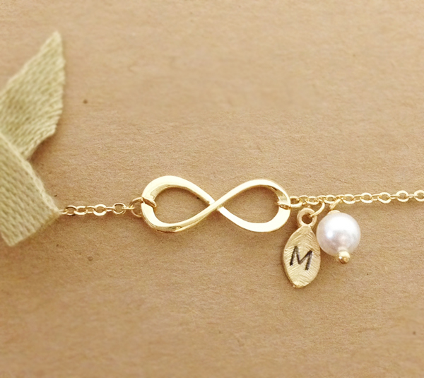 Infinity Bracelet, Personalized Initial Gold Leaf Charm Bracelet, Friend Bracelet, Coin, Initial Jewelry, Swarovski Pearl