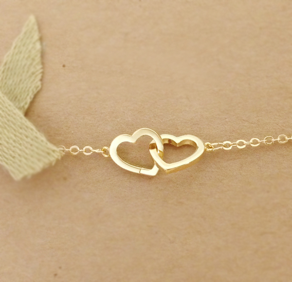 Double Heart Bracelet in Gold, everyday jewelry, delicate minimal jewelry