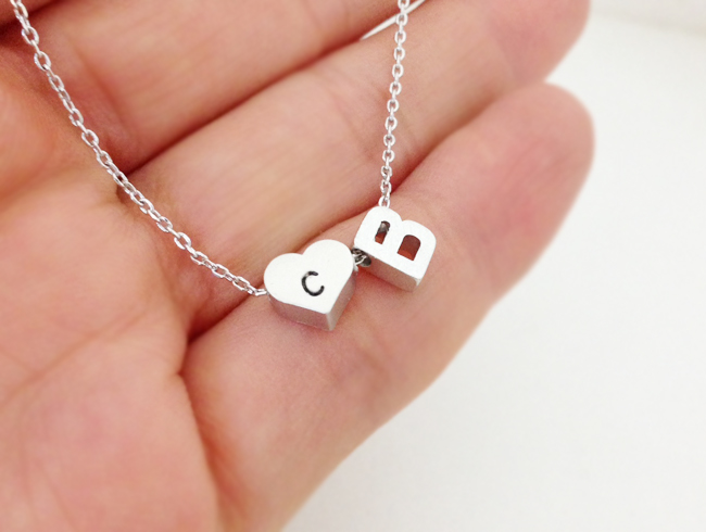 Double Initial Necklace, Personalized initial and heart initial necklace, initial jewelry