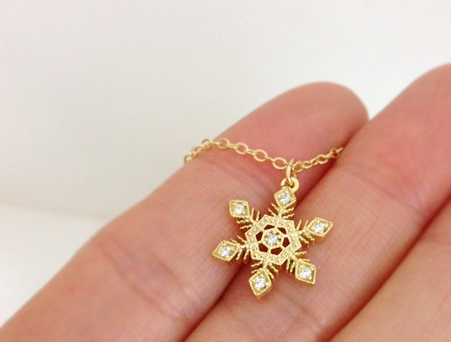 Crystal Snowflake Necklace in Gold, Christmas Gift, For winter