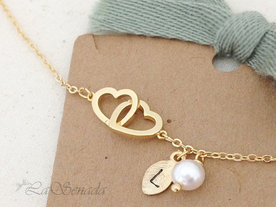 Double Heart Bracelet in Gold with Initial Charm and Pearl , everyday jewelry, delicate minimal jewelry
