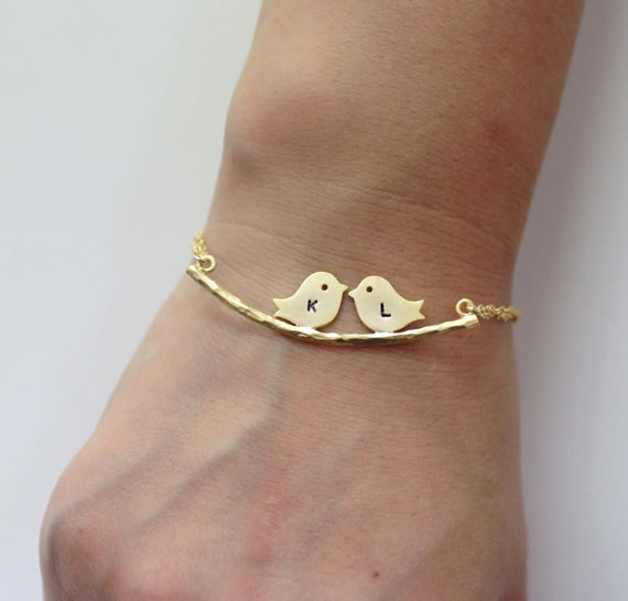 Two Birds On The Branch Bracelet, Two Love Birds, initial bracelet, Branch Bracelet,Couple, Kissing Love Birds, Personalized bracelet