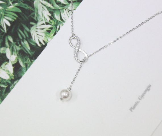 Silver Infinity Necklace, Swarovski pearl, Lariat Necklace, Y Necklace, Bridesmaid Gift, Friendship Necklace, Friendship Jewelry,white pearl