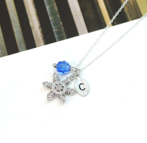 Crystal Snowflake Necklace, Personalized initial and crystal, Christmas Gift, For winter, Bridesmaids Gifts,Wedding jewelry Gift