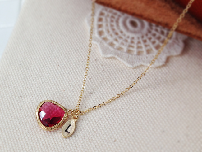 Ruby Stone Necklace With Initial Leaf Charm, Affordable Bridesmaid Gift