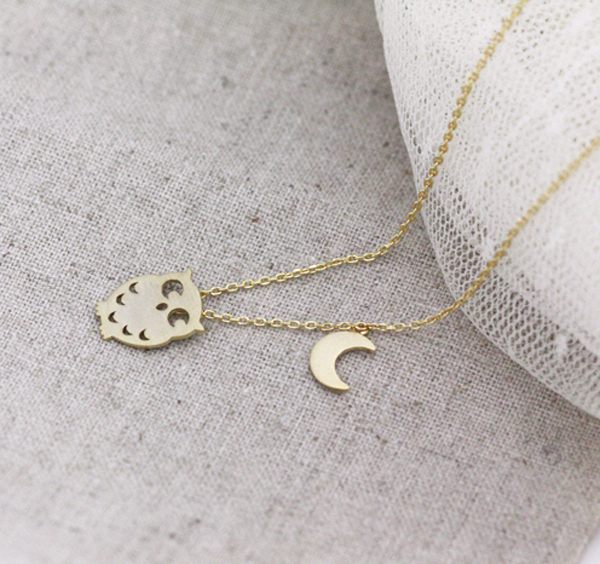 Tiny owl with crescent moon necklace 